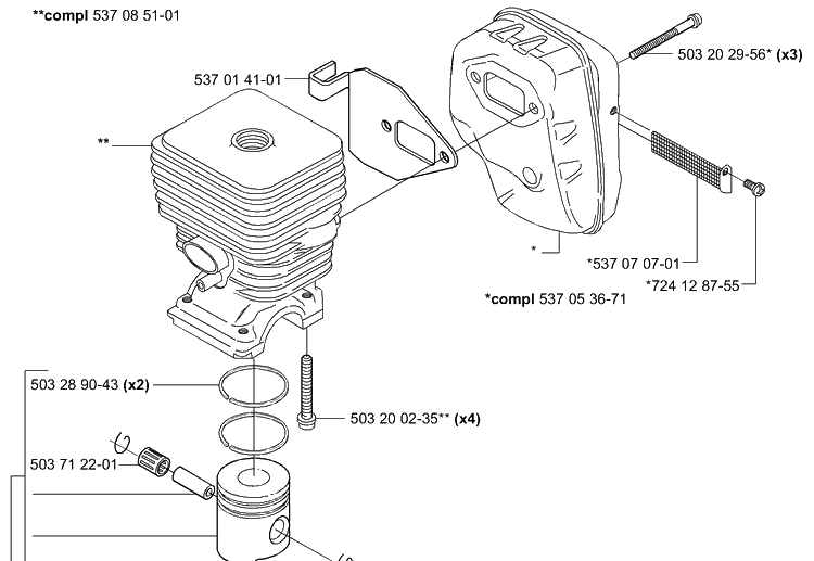 Piston / Cylinder And Muffler Diagram and Parts List for HA850 2004-01 Husqvarna Hedge Trimmer