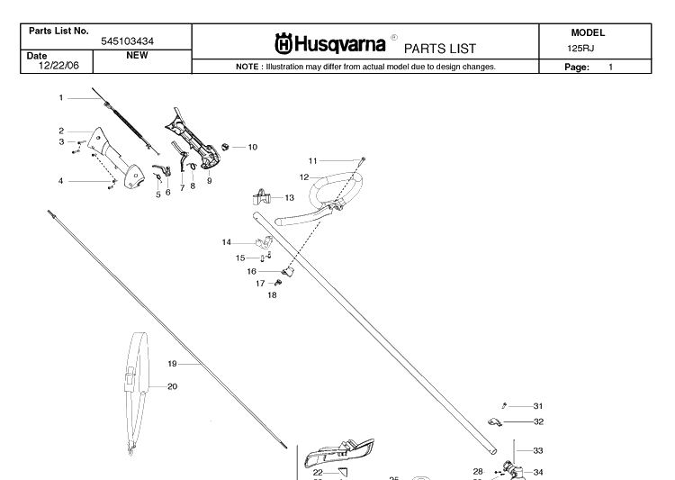 Shaft And Handle Diagram and Parts List for 125RJ 20071300001-20082200000 Husqvarna Brush Cutter