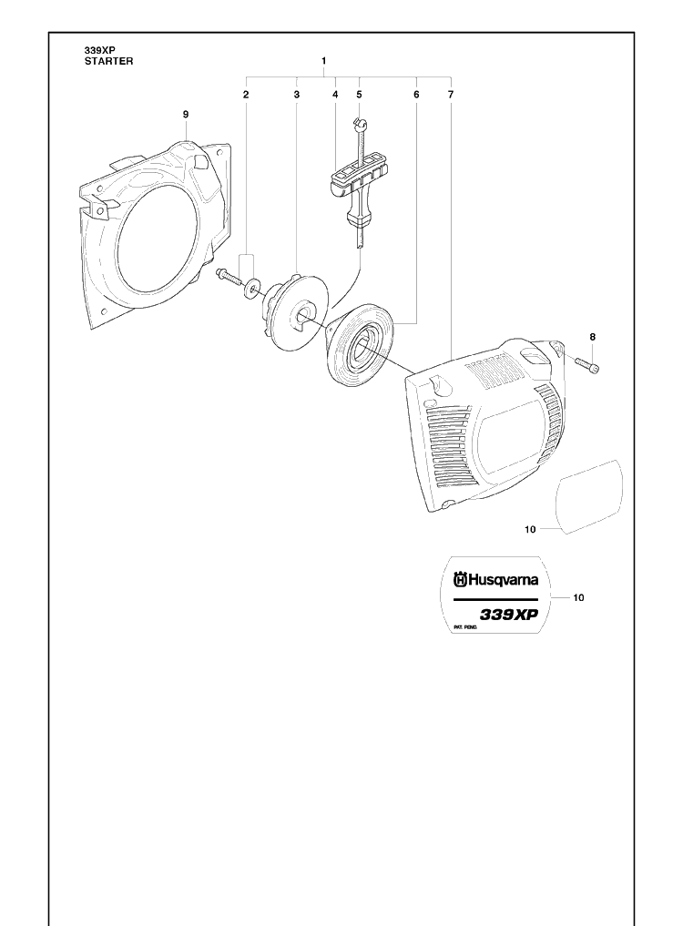Starter Diagram and Parts List for 339XP 2010-02 Husqvarna Chainsaw