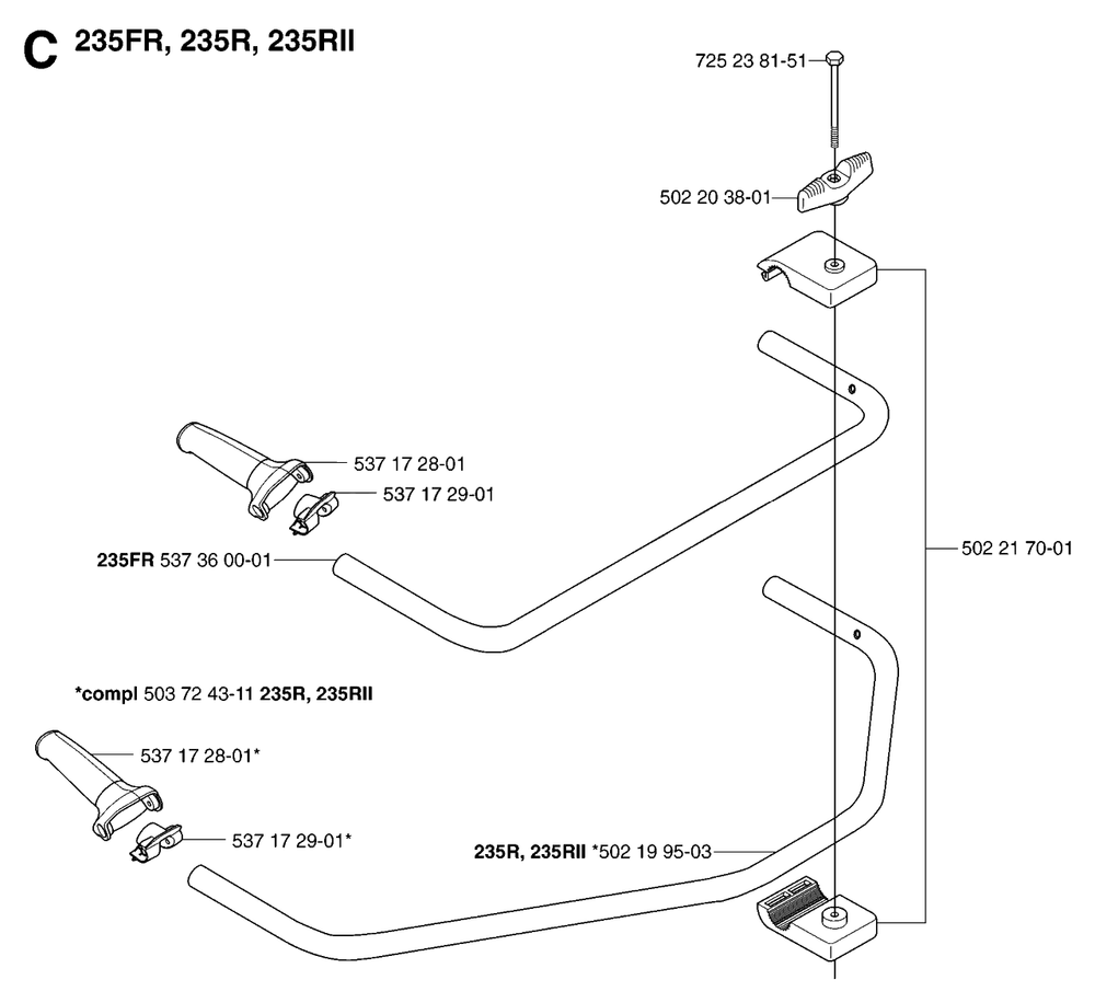 Handle Diagram and Parts List for 232R 20144900001 & Above Husqvarna Trimmer