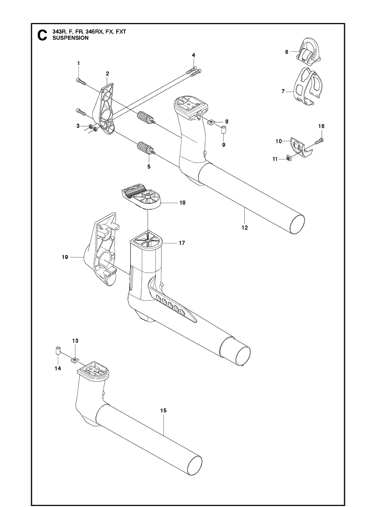 Suspension Diagram and Parts List for 343F  Husqvarna Brush Cutter
