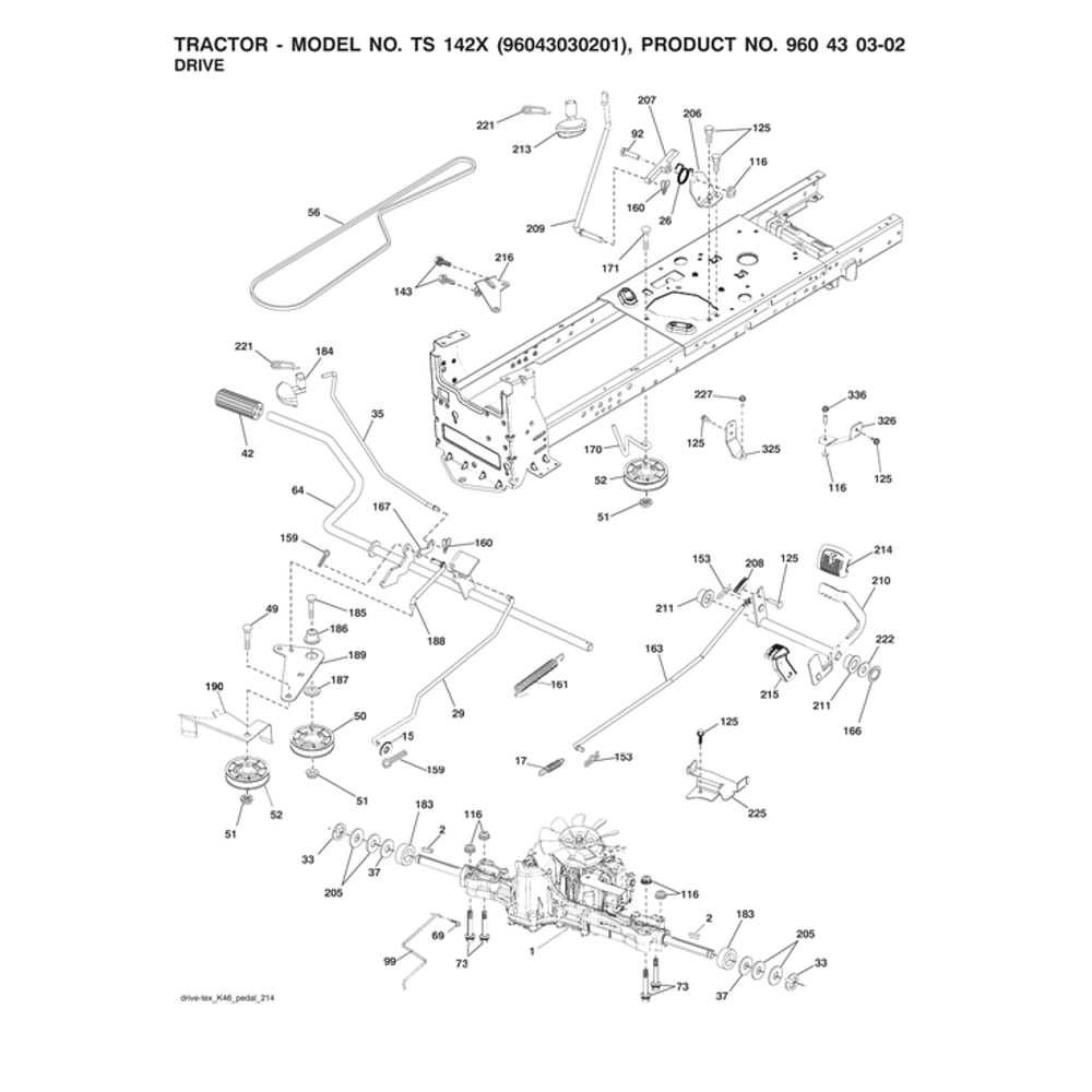 Drive Diagram and Parts List for TS142X-96043030201  Husqvarna Lawn Tractor
