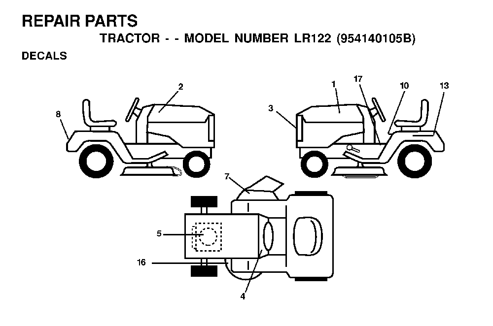 Decals Diagram and Parts List for LR122 (954140105B)(2000-01) Husqvarna Lawn Tractor