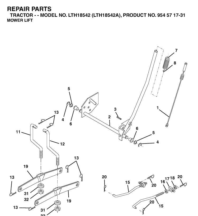 Mower Lift / Deck Lift Diagram and Parts List for LTH18542-LTH18542A 2003-11 Husqvarna Lawn Tractor