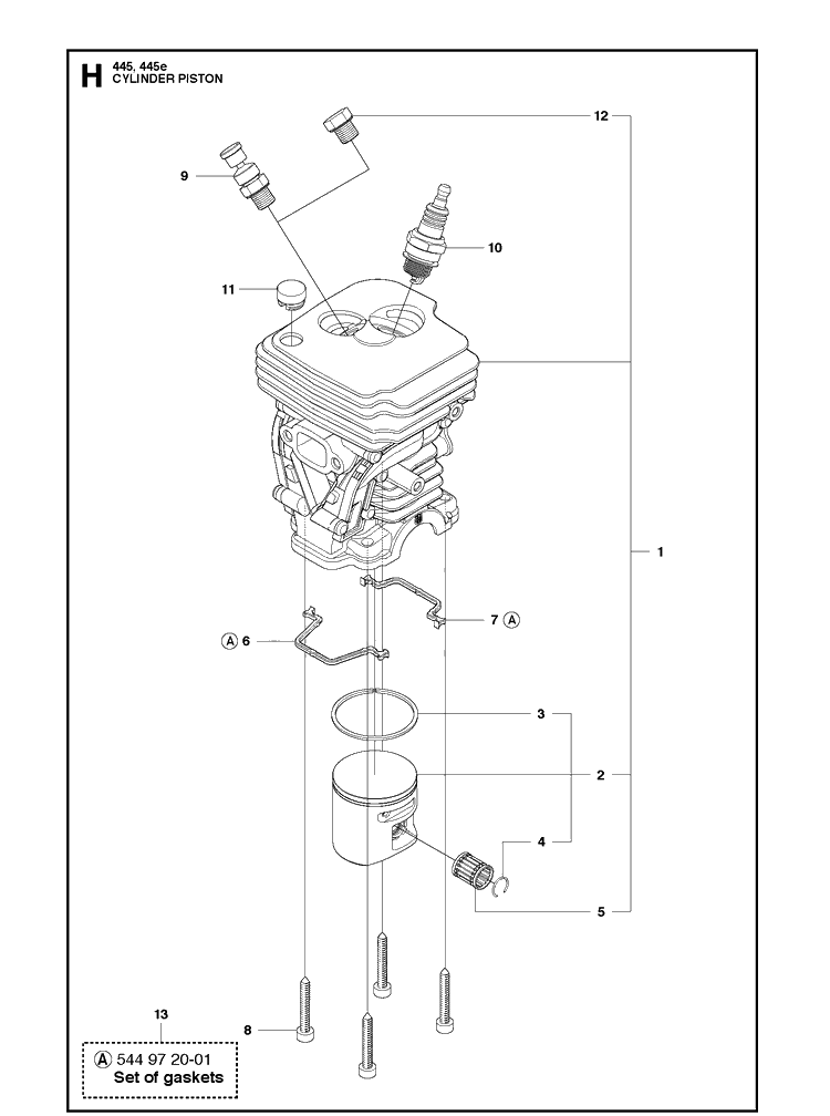 Cylinder Piston Diagram and Parts List for 445 2011-07 Husqvarna Chainsaw