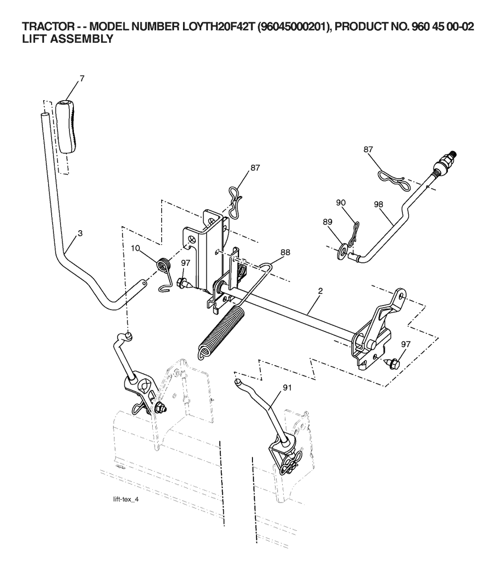 Mower Lift / Deck Lift Diagram and Parts List for YTH20F42T (960450002-01)(2006) Husqvarna Lawn Tractor