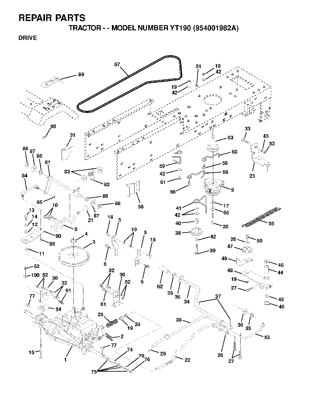 Drive Diagram and Parts List for YT190 (954001982A)(1995-03) Husqvarna Lawn Tractor