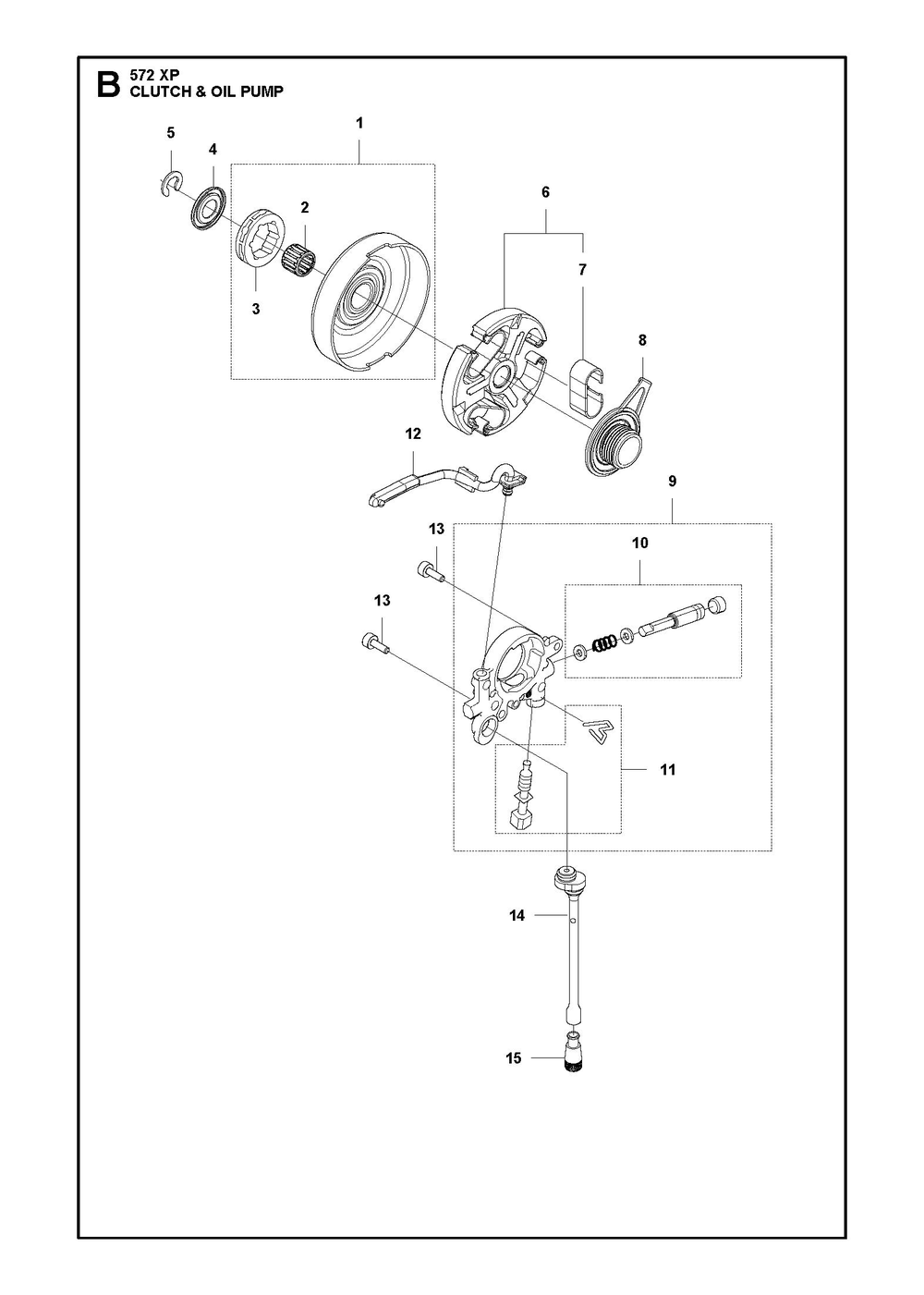 Clutch And Oil Pump Diagram and Parts List for 572XP-572XPG 572 XP W-572 XP GW Husqvarna Chainsaw