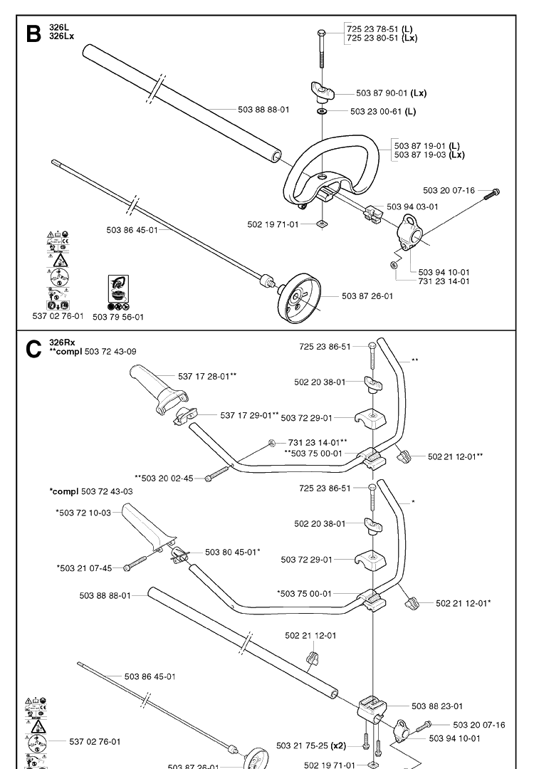 Shaft And Handle Diagram and Parts List for 326LX 20023100001-20041000000 Husqvarna Edger