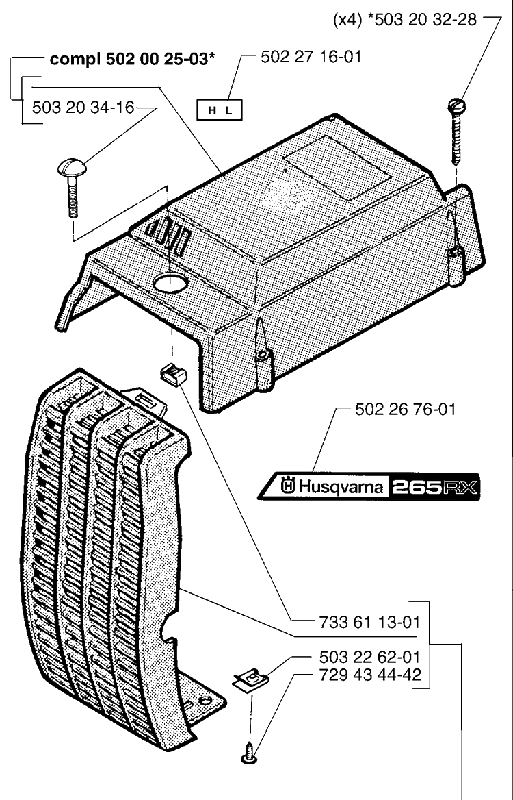Top Cover Diagram and Parts List for 265RX 1999-03 Husqvarna Brush Cutter
