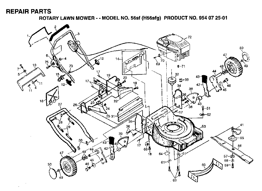 Repair Parts Diagram and Parts List for 56SF (H56SFG, 954072501)(1995-03) Husqvarna Lawn Mower