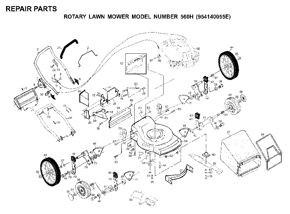Product Complete Diagram and Parts List for 560H (954140055E)(1999-12) Husqvarna Lawn Mower