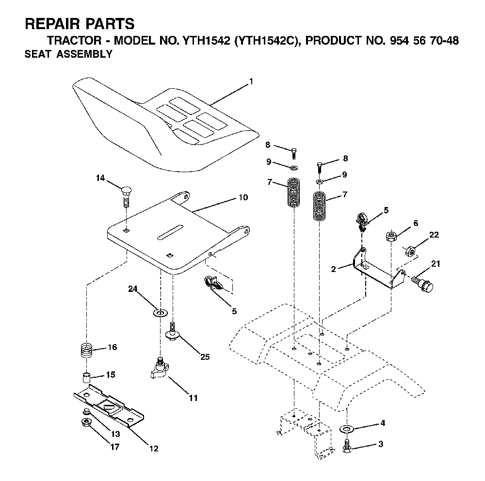 Seat Diagram and Parts List for YTH1542C (954567048)(2001-04) Husqvarna Lawn Tractor
