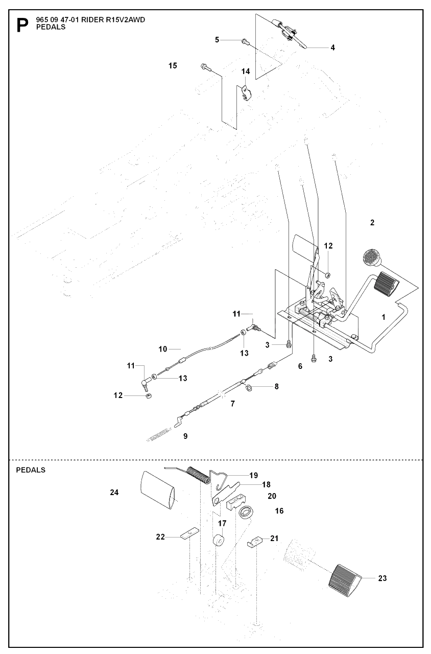 Pedals Diagram and Parts List for R15-V2AWD (965094701)(2007-01) Husqvarna Lawn Tractor