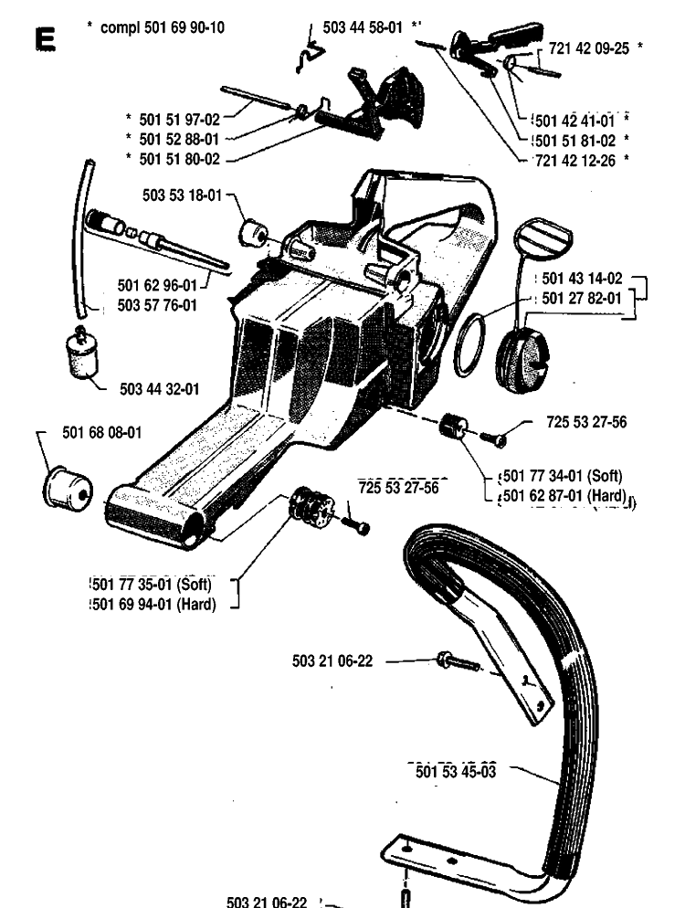 Fuel Tank And Handle Diagram and Parts List for 268 19933600001-19970100000 Husqvarna Chainsaw
