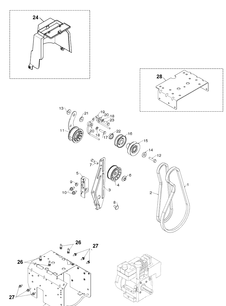 Chassis, Engine And Pulleys Diagram and Parts List for ST324P  Husqvarna Snow Blower