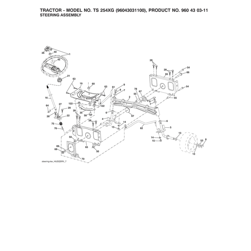 Steering Assy Diagram and Parts List for 96043031100  Husqvarna Lawn Tractor