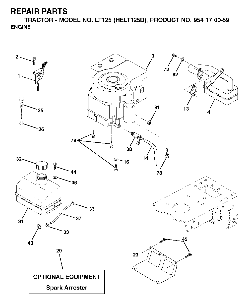 Engine Diagram and Parts List for LT125 (HELT125D, 954170059)(2002-06) Husqvarna Lawn Tractor