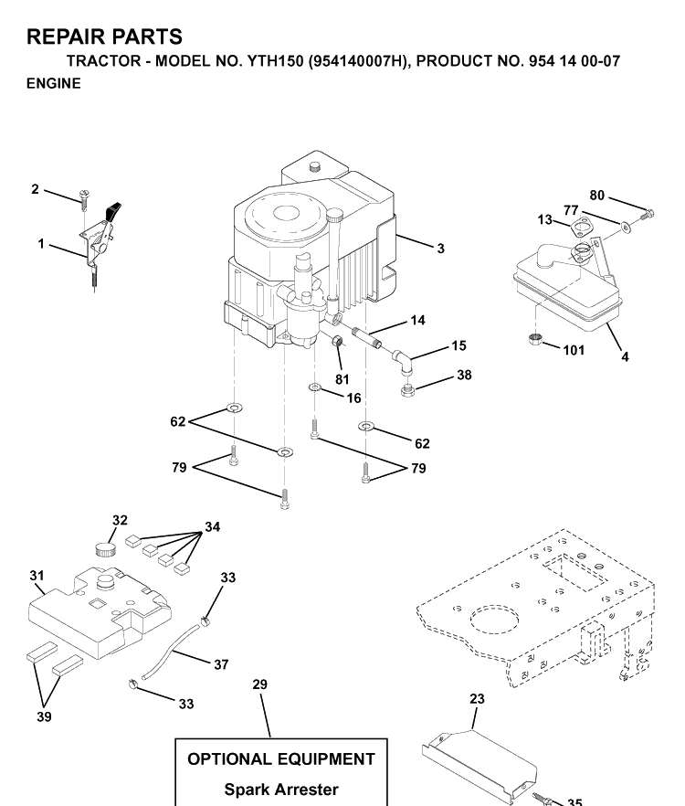 Engine Diagram and Parts List for YTH150 (954140007H)(1998-09) Husqvarna Lawn Tractor
