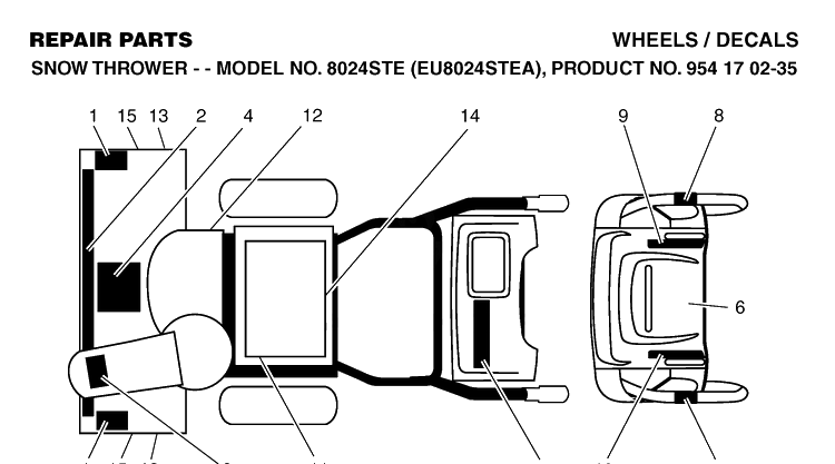 Decals Diagram and Parts List for 8024STE (EU8024STEA)(2004-09) Husqvarna Snow Blower