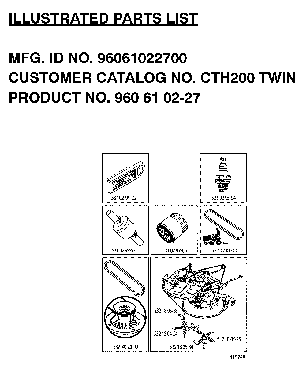 Frequently Used Parts Diagram and Parts List for CTH200TWIN (96061022700)(2008-01) Husqvarna Lawn Tractor