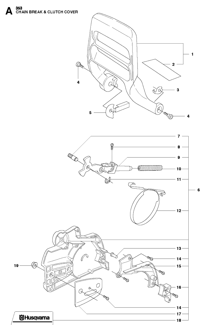 Chain Brake And Clutch Cover Diagram and Parts List for 353  Husqvarna Chainsaw