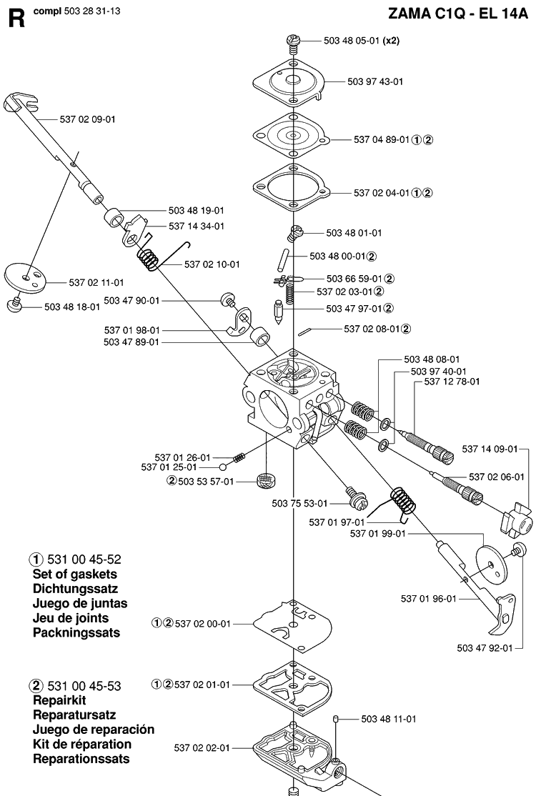 Carburetor Details Diagram and Parts List for 323HE3 20053600001-20054000000 Husqvarna Hedge Trimmer