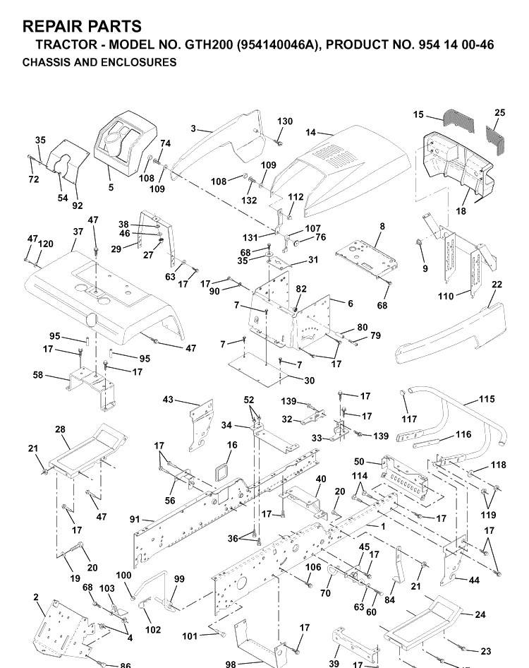 Chassis And Enclosures Diagram and Parts List for GTH200 (954140046A)(1998-09) Husqvarna Lawn Tractor