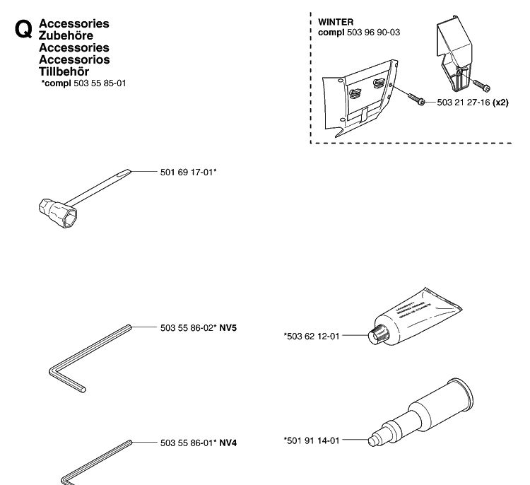 Accessories Diagram and Parts List for 365 20070900001-20101800000 Husqvarna Chainsaw