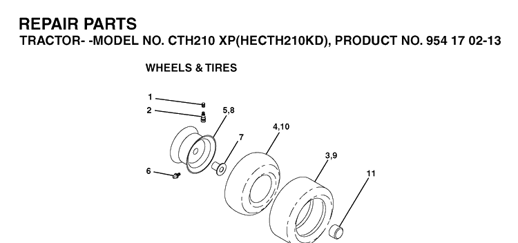 Wheels And Tires Diagram and Parts List for CTH210XP (HECTH210KD)(2004-06) Husqvarna Lawn Tractor