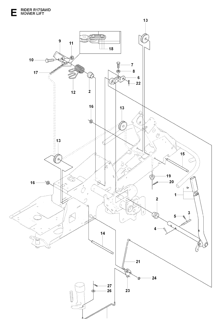 Mower Lift / Deck Lift Diagram and Parts List for RIDER175AWD (965105001)(2009-04) Husqvarna Lawn Mower