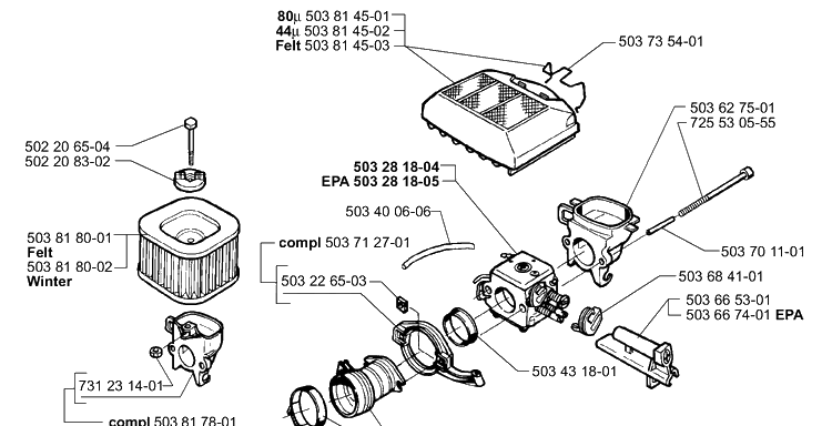 Air Filter / Carburetor Diagram and Parts List for 362EPA 1999-11 Husqvarna Chainsaw