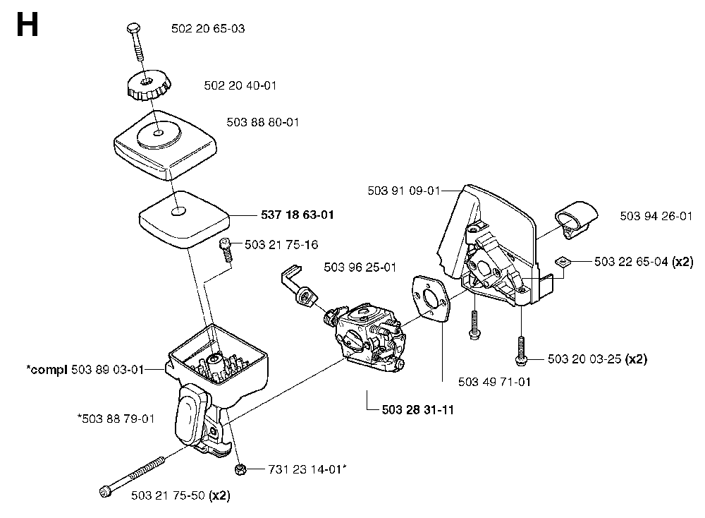 Carburetor And Air Filter Diagram and Parts List for 325RXT 2002-01 Husqvarna Brush Cutter