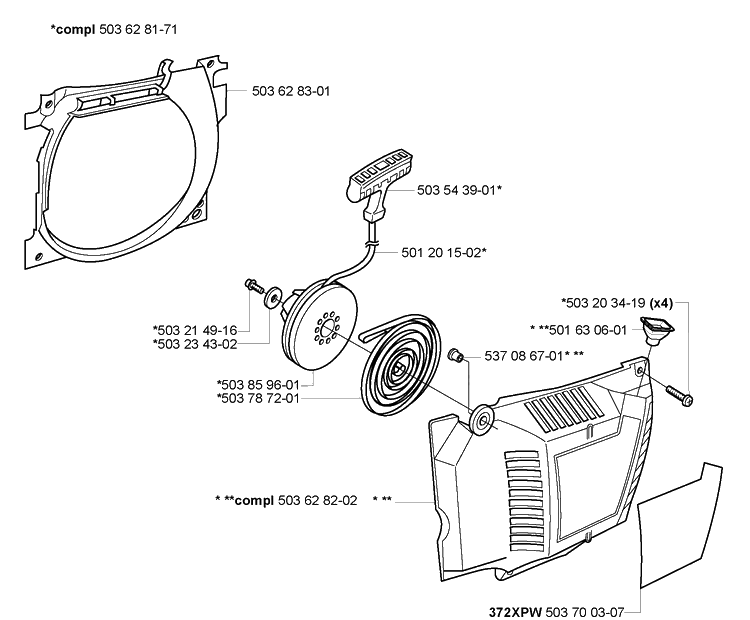 Starter Diagram and Parts List for 372XPW 2007-01 Husqvarna Chainsaw