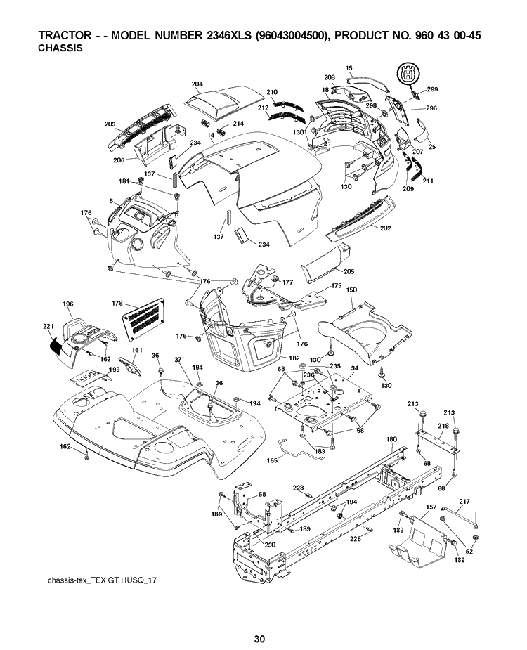 Chassis / Frame Diagram and Parts List for 2346XLS (96043004500)(2007-12) Husqvarna Lawn Tractor