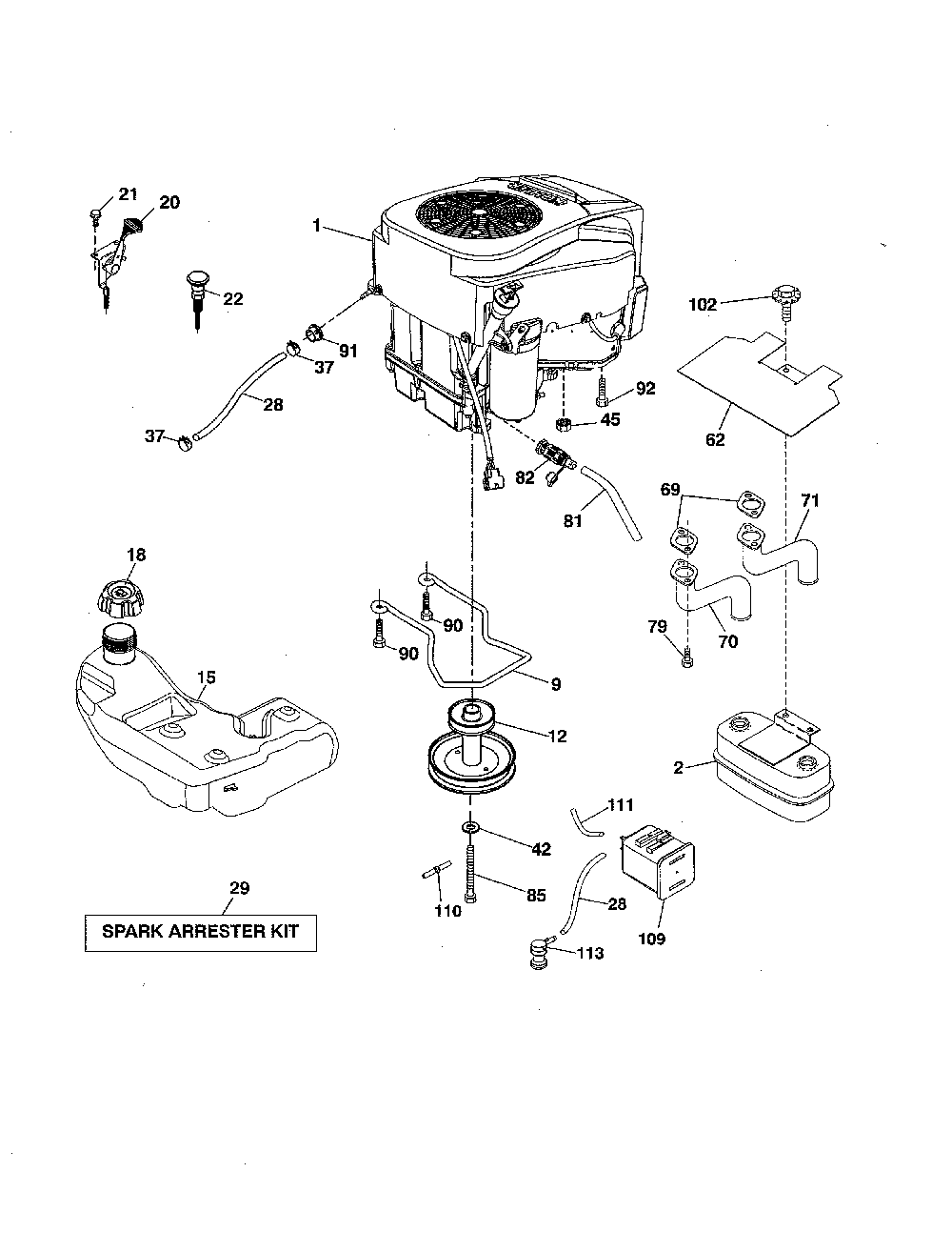 Engine Diagram and Parts List for 96043027500  Husqvarna Lawn Tractor