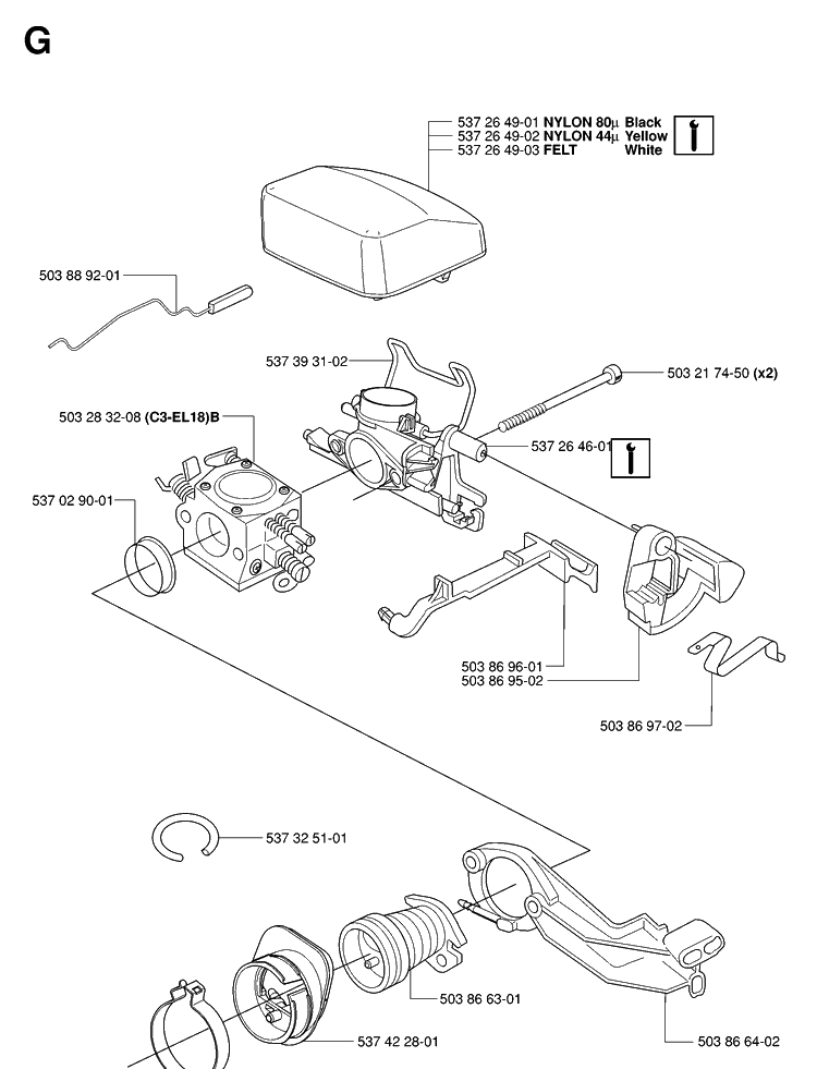 Carburetor And Air Filter Diagram and Parts List for 346XP 20070500001-20071300000 Husqvarna Chainsaw