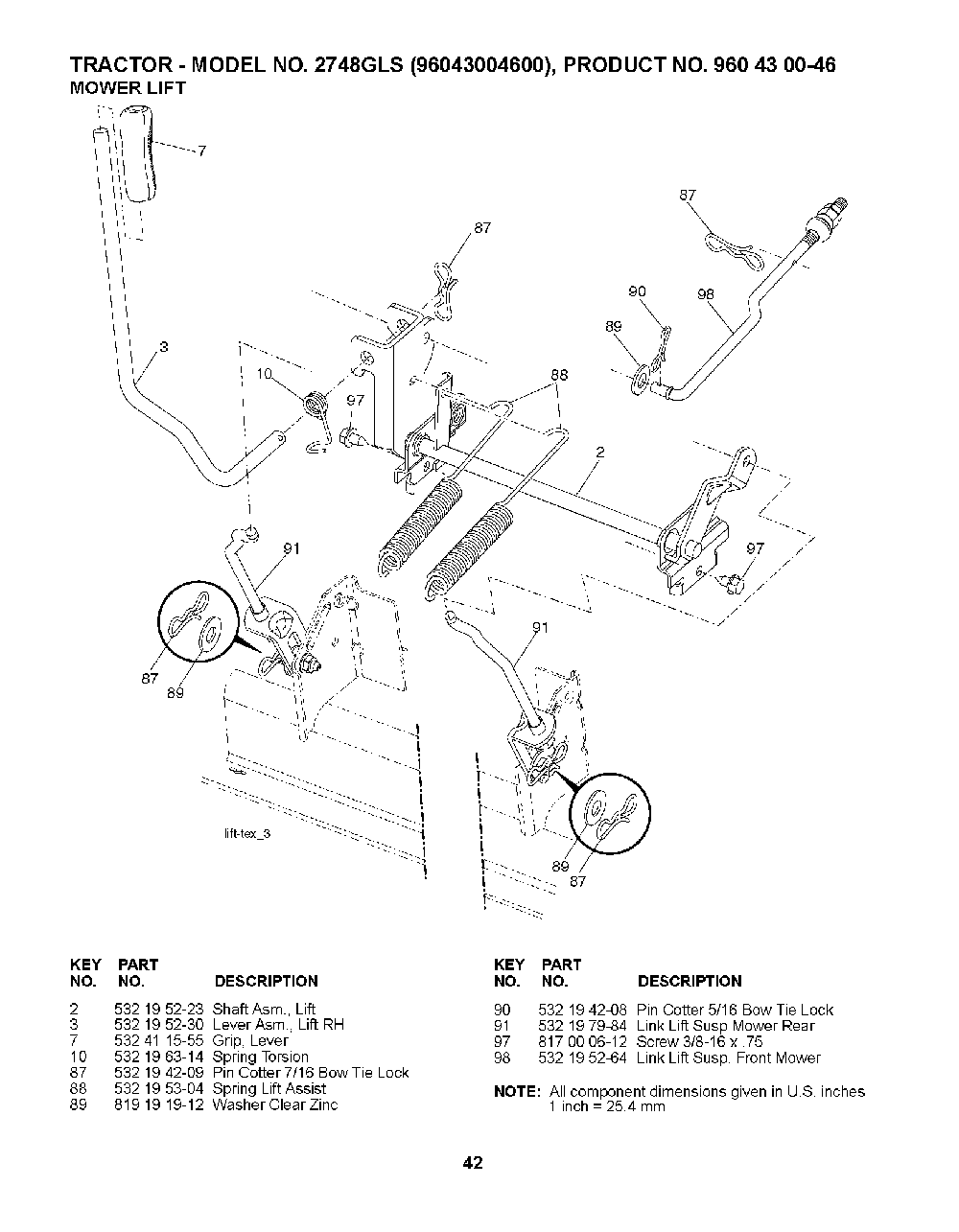 Mower Lift / Deck Lift Diagram and Parts List for 2748GLS (96043004600)(2008-01) Husqvarna Lawn Tractor