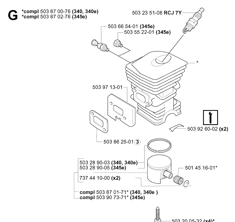 Cylinder Piston Diagram and Parts List for 340E 20051800001-20062300000 Husqvarna Chainsaw