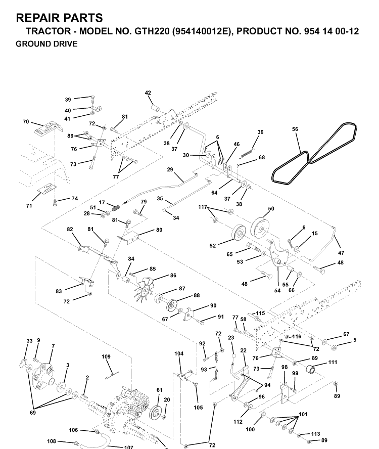 Drive Diagram and Parts List for GTH220 (954140012E)(1998-09) Husqvarna Lawn Tractor