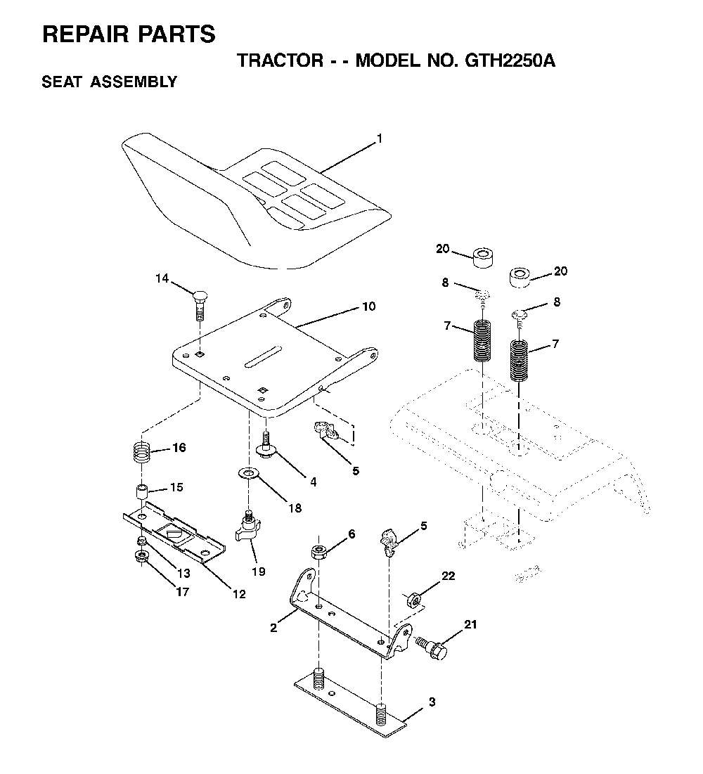 Seat Diagram and Parts List for GTH2250A (954567093)(2001-04) Husqvarna Lawn Tractor