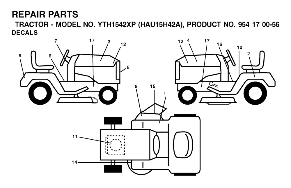 Decals Diagram and Parts List for YTH1542XP (954170056-A)(2003-01) Husqvarna Lawn Tractor