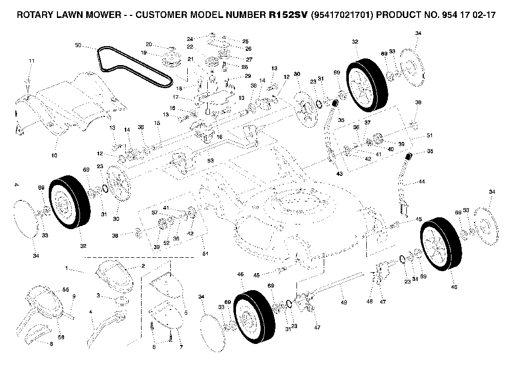 Wheels And Tires Diagram and Parts List for R152SV (95417021701, 954170217)(2005-02) Husqvarna Lawn Mower