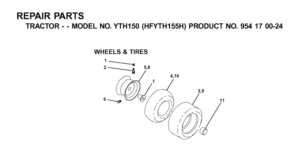 Wheels And Tires Diagram and Parts List for YTH150 (954170024-H)(2001-03) Husqvarna Lawn Tractor