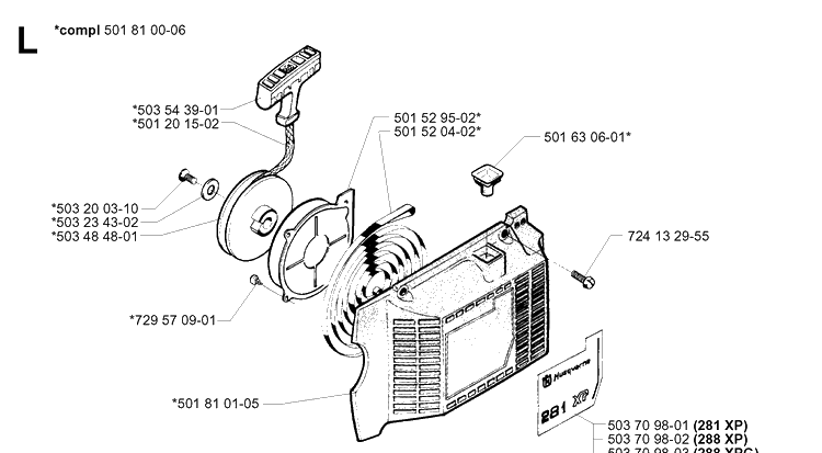 Starter Diagram and Parts List for 288 20014000001-Current Husqvarna Chainsaw