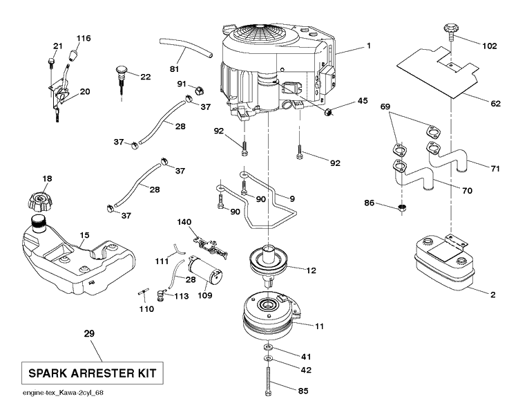 Engine Diagram and Parts List for TS242XD  Husqvarna Lawn Tractor