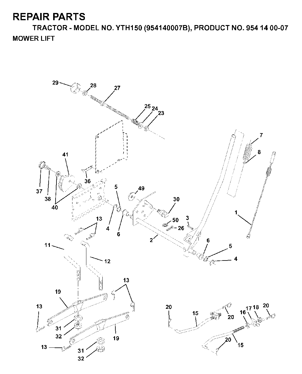Mower Lift / Deck Lift Diagram and Parts List for YTH150 (954140007B, 954140007)(1997-01) Husqvarna Lawn Tractor
