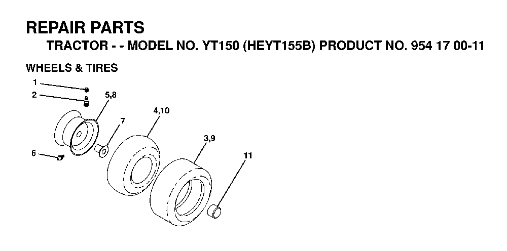 Wheels And Tires Diagram and Parts List for YT150 (HEYT155B, 954170011)(1998-12) Husqvarna Lawn Tractor