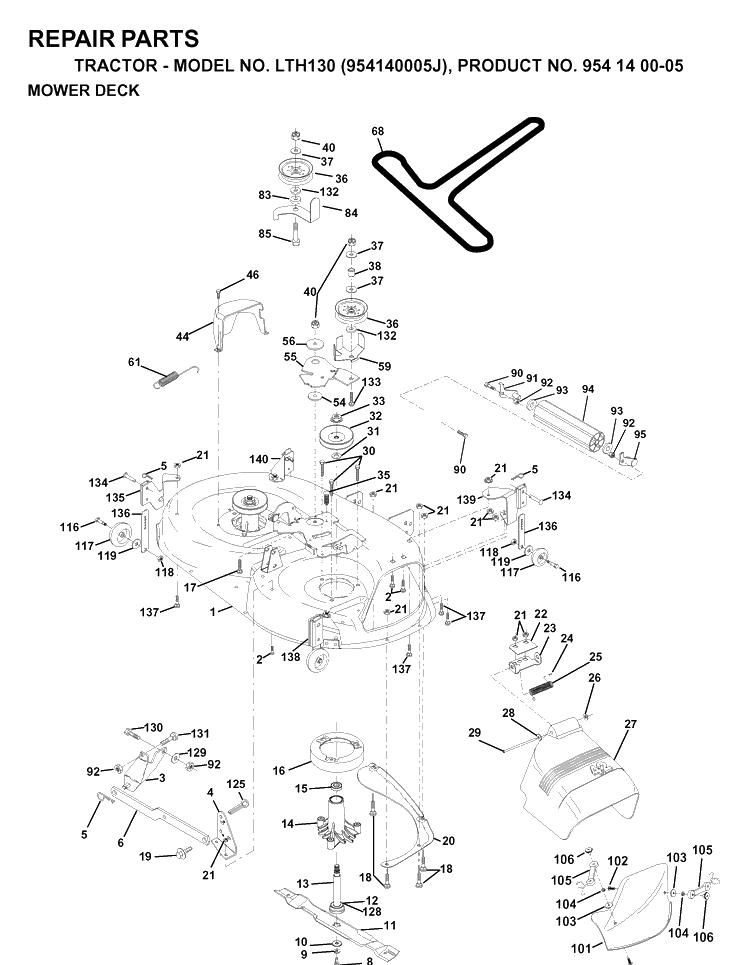 Mower Deck / Cutting Deck Diagram and Parts List for LTH130 (954140005J)(1998-10) Husqvarna Lawn Tractor