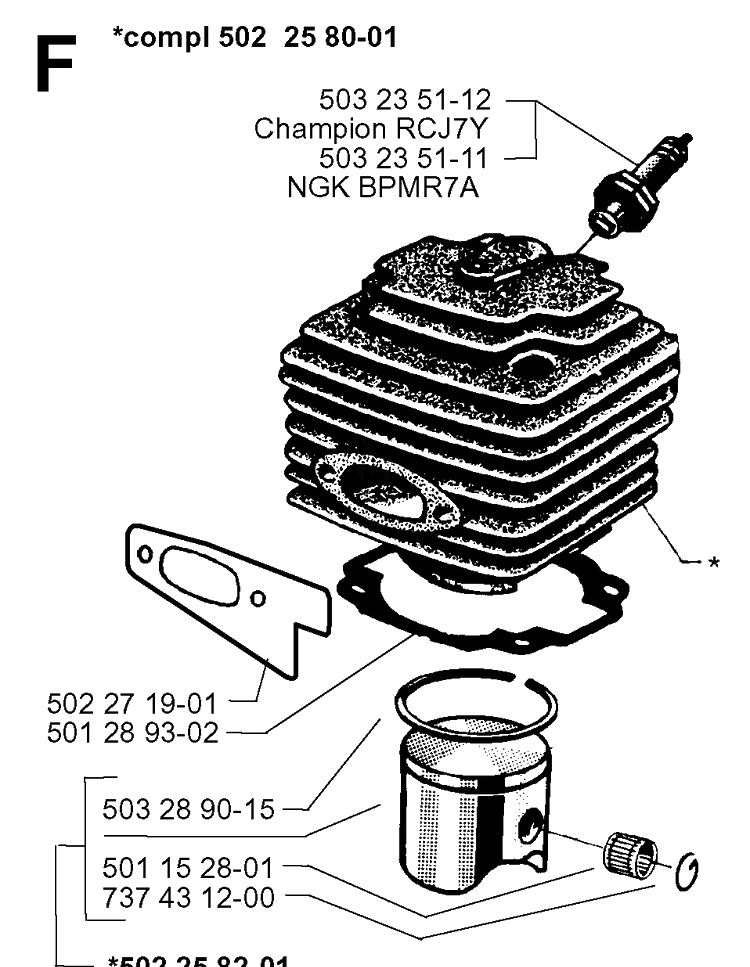 Cylinder Piston Diagram and Parts List for 265RX 19954500001-19991000000 Husqvarna Brush Cutter